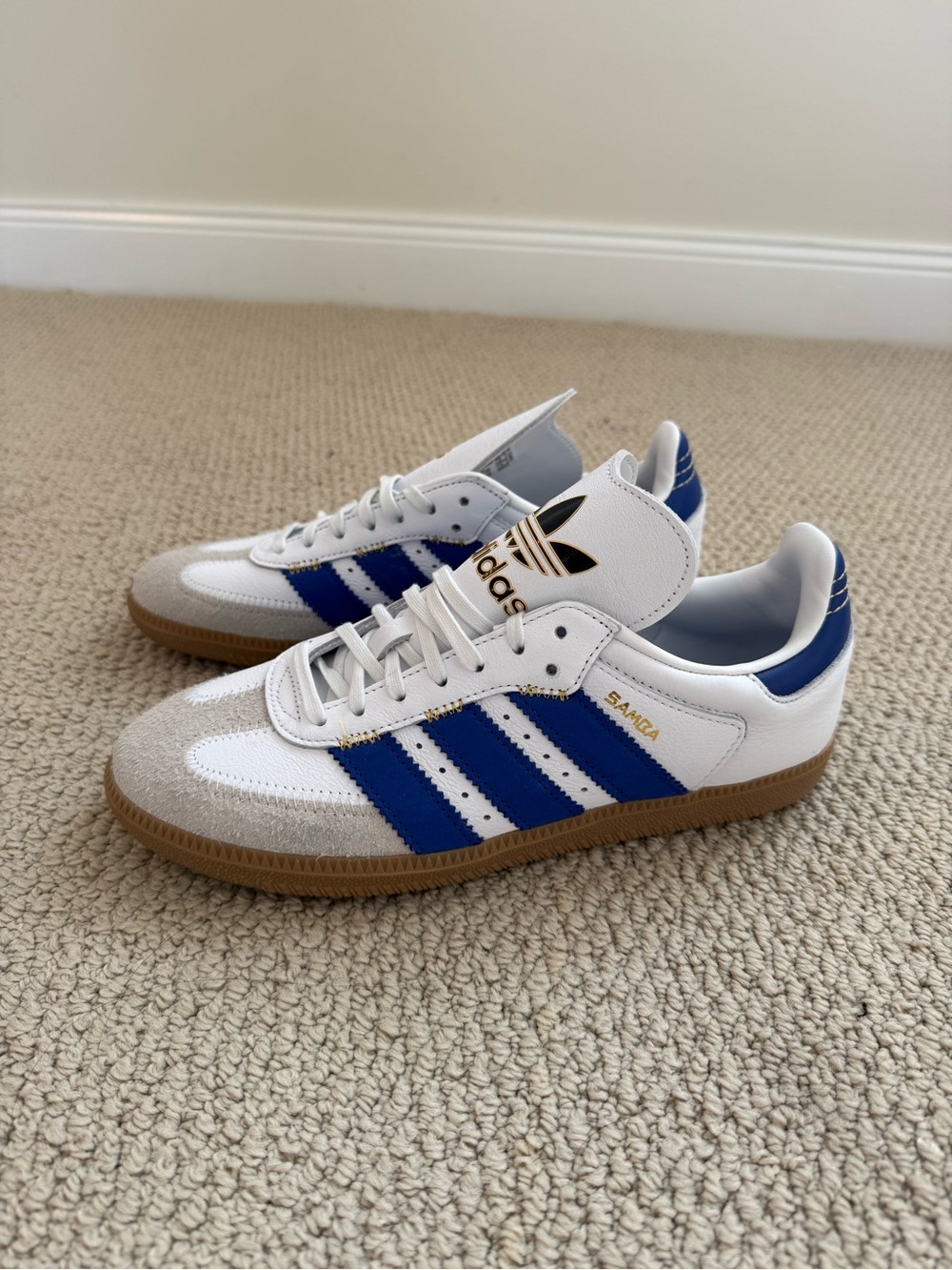 adidas Samba Leather Sneakers — White, Blue & Gum with oversized logo - Picture 1 of 3